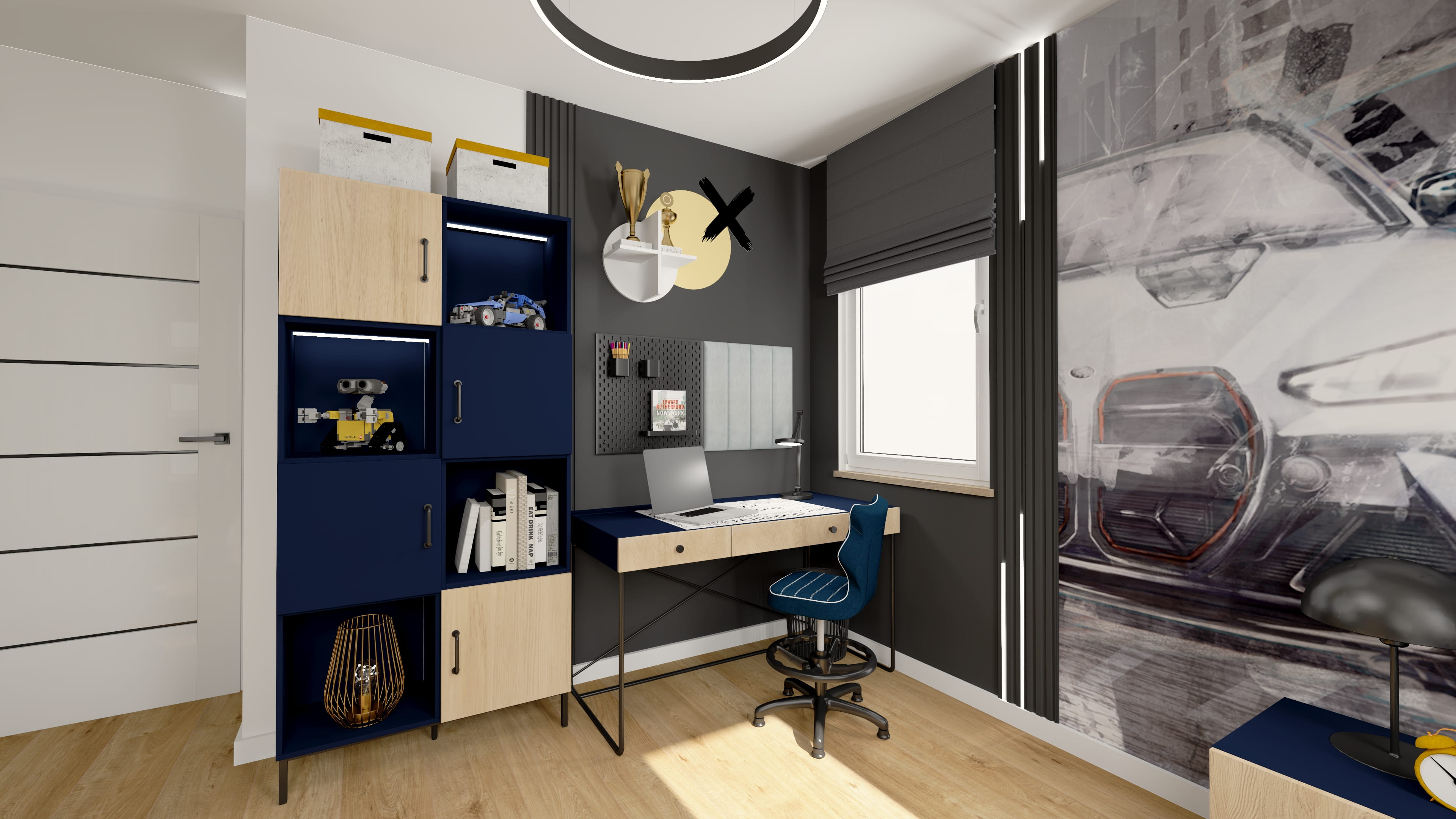 Projekt pokoju dla nastolatka w modnym stylu. Nowoczesny pokój młodzieżowy dla chłopca. Projekt pokoju młodzieżowego w stylu loft.