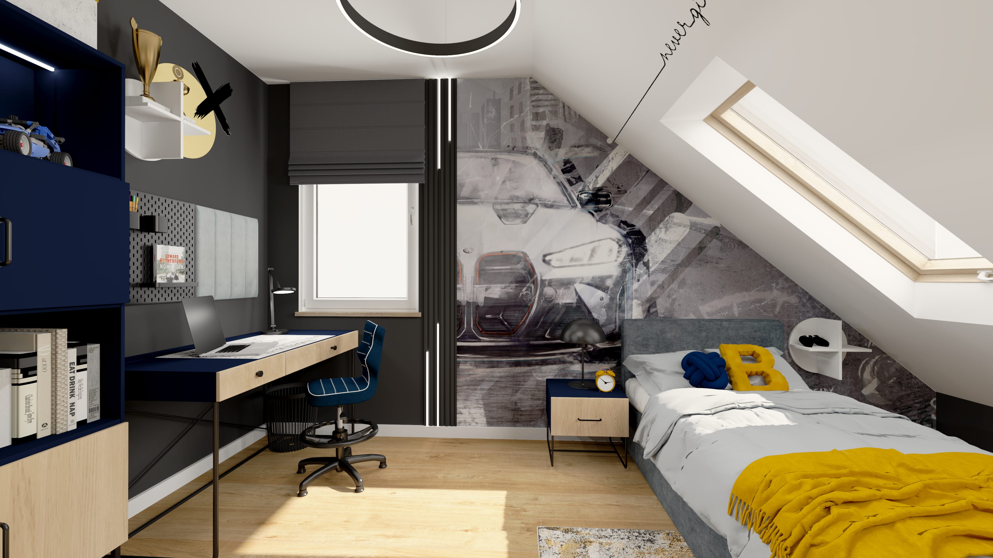 Projekt pokoju młodzieżowego dla chłopca w stylu loft. Inspiracja na pokój młodzieżowy z ciemną kolorystyką. Projekt pokoju młodzieżowego dla chłopca z modnym designem.