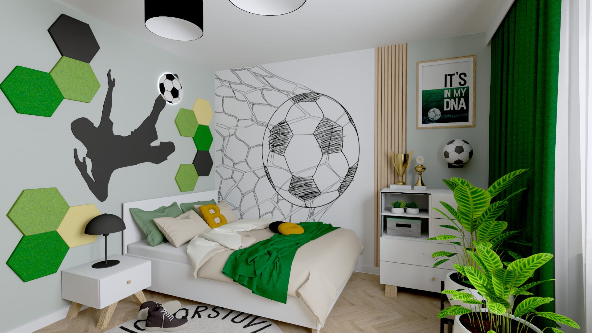 Pokój młodzieżowy z nowoczesną aranżacją i funkcjonalnym biurkiem. Projekt pokoju nastolatka z miejscem do nauki i odpoczynku. Aranżacja pokoju młodzieżowego z modnymi dodatkami.