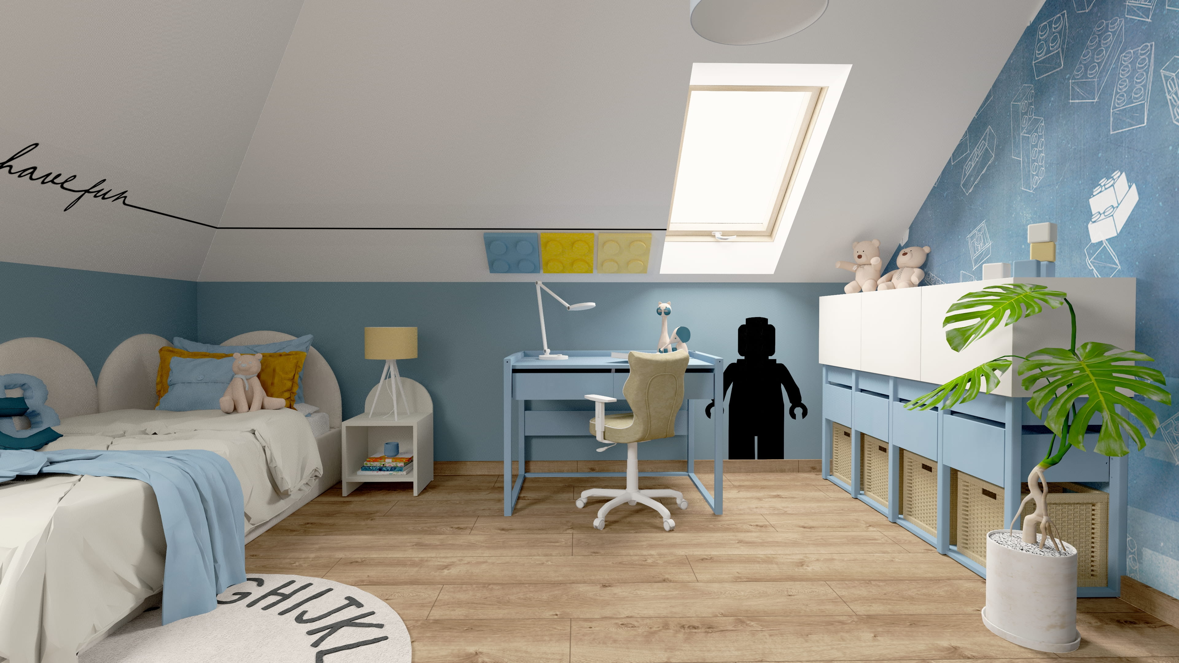 Projekt pokoju dziecięcego dla chłopca z pastelową kolorystyką Pokój dla małego chłopca z funkcjonalnymi meblami dziecięcymi Aranżacja pokoju chłopca z miejscem do kreatywnej zabawy