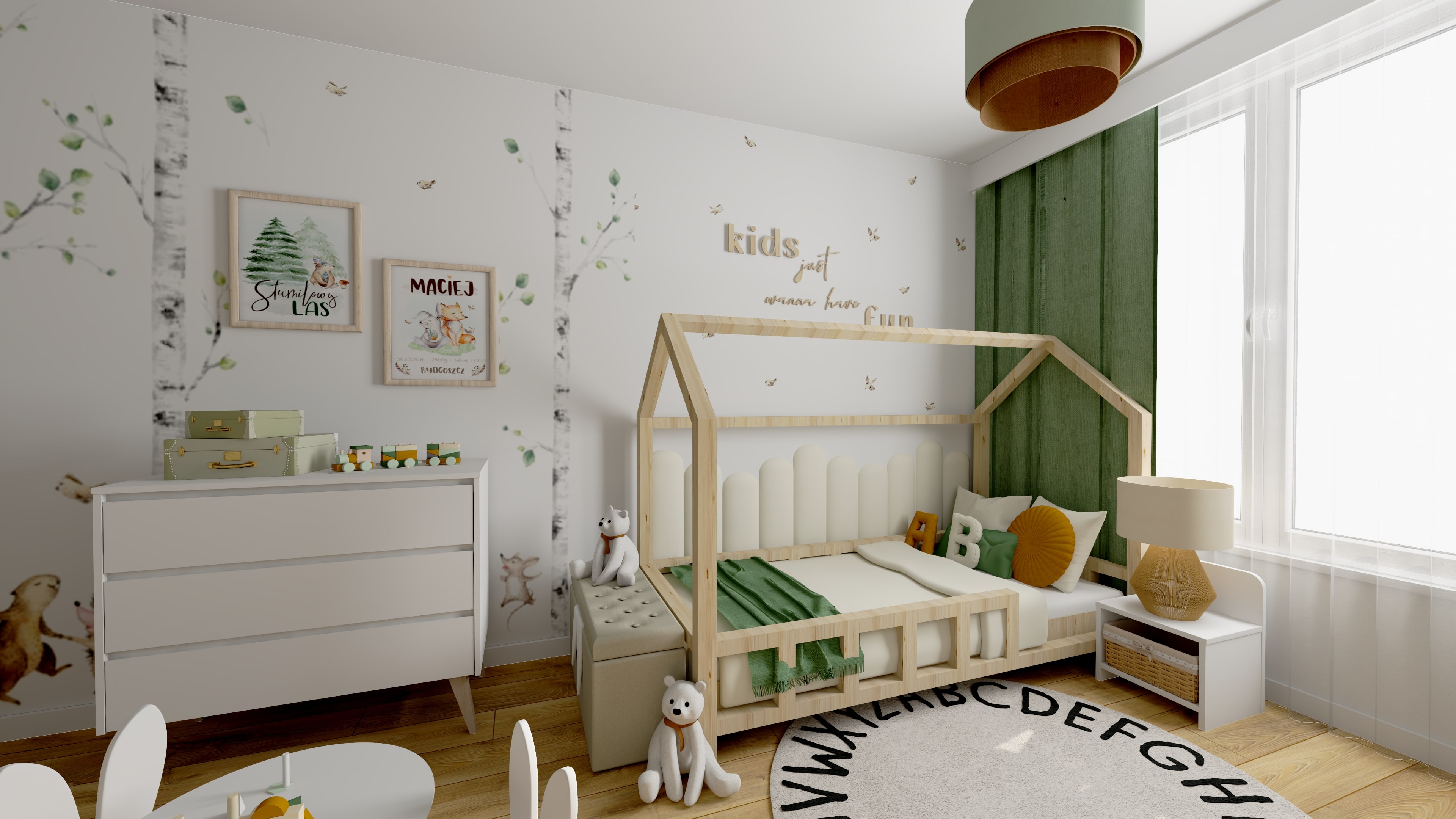 Projekt pokoju dziecięcego z kolekcją mebli Pinio. Projekt pokoju dziecięcego z jasną kolekcją Pinio. Projekt pokoju dziecięcego z funkcjonalnymi meblami Pinio.