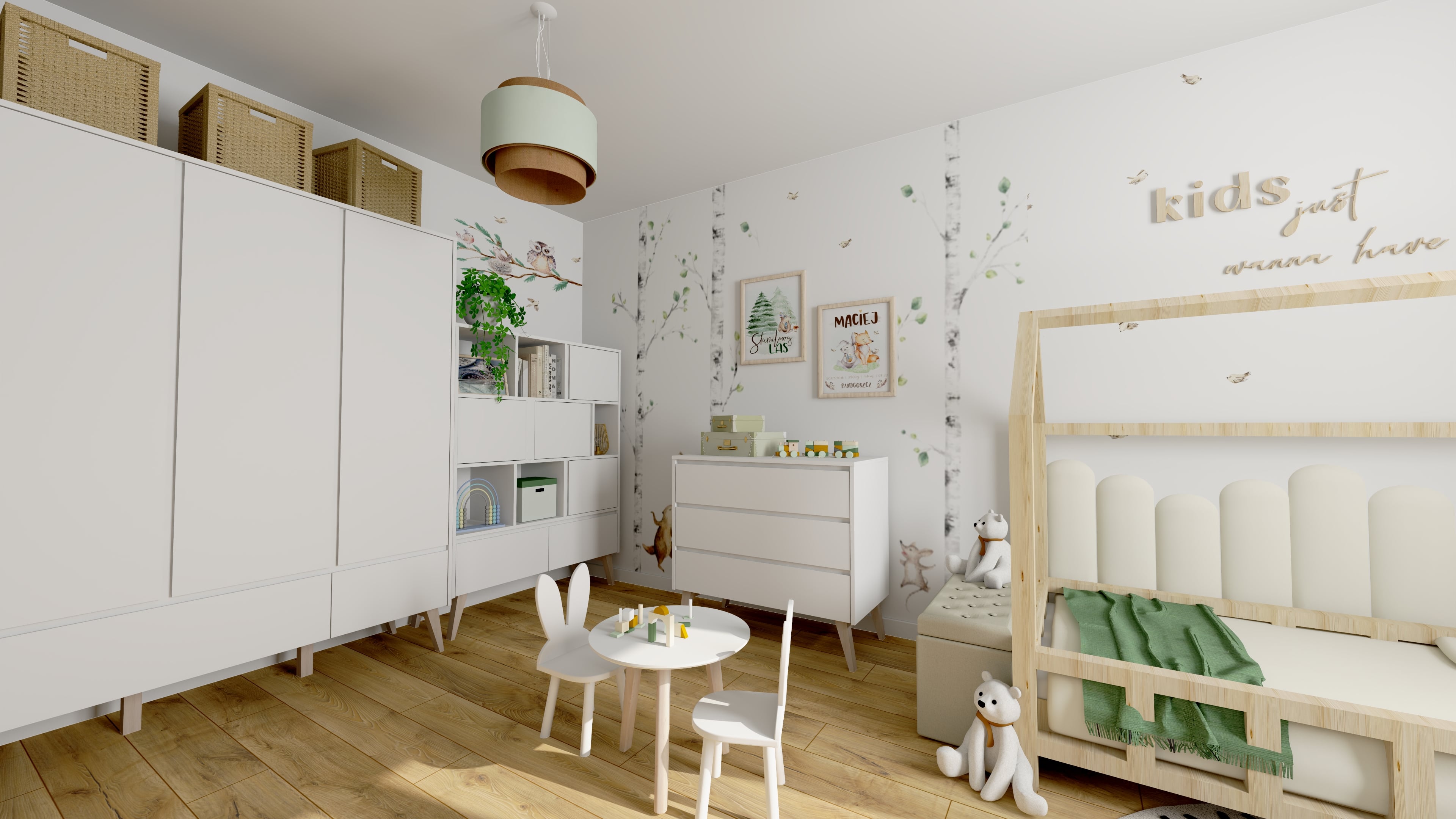 Projekt pokoju dziecięcego z meblami Pinio. Aranżacja pokoju dziecięcego dla chłopca w jasnych kolorach. Projekt pokoju dla chłopca z motywem lasu i zwierząt.
