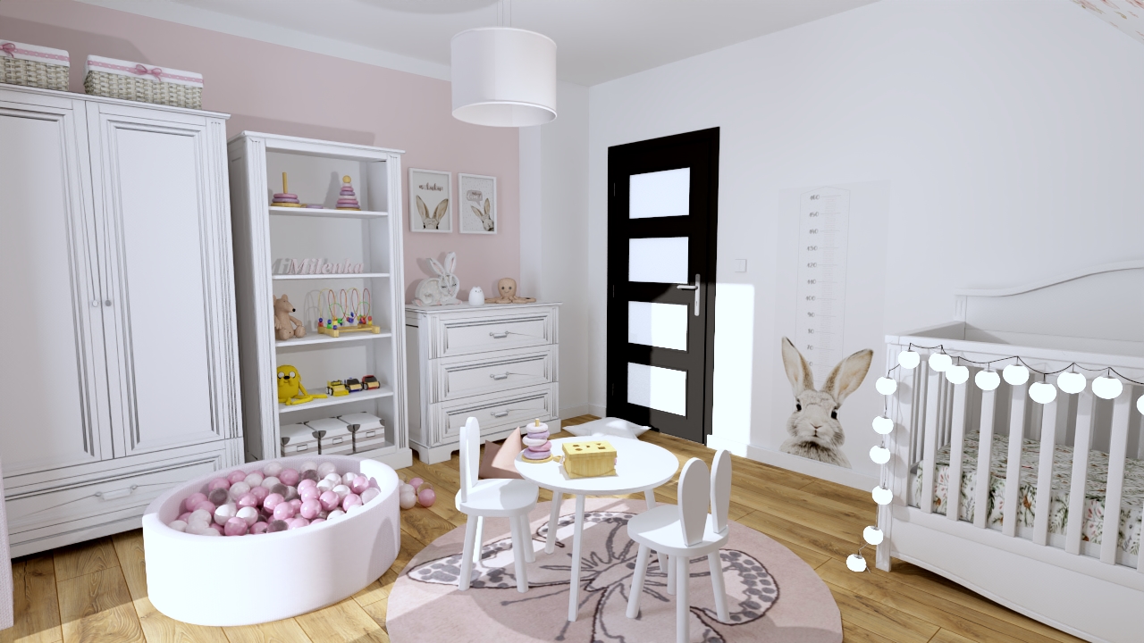 projekt pokoju dla dziewczynki niemowlaka, białe meble z różowymi ścianami