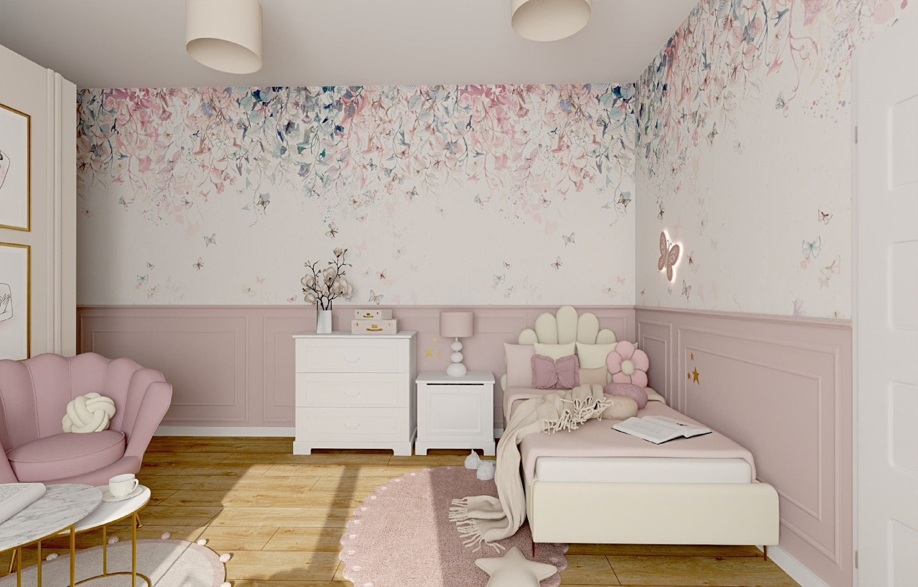 Projekt pokoju dla 6-latki w eleganckim stylu I Róż, sztukateria i motyle |INSPIRACJA