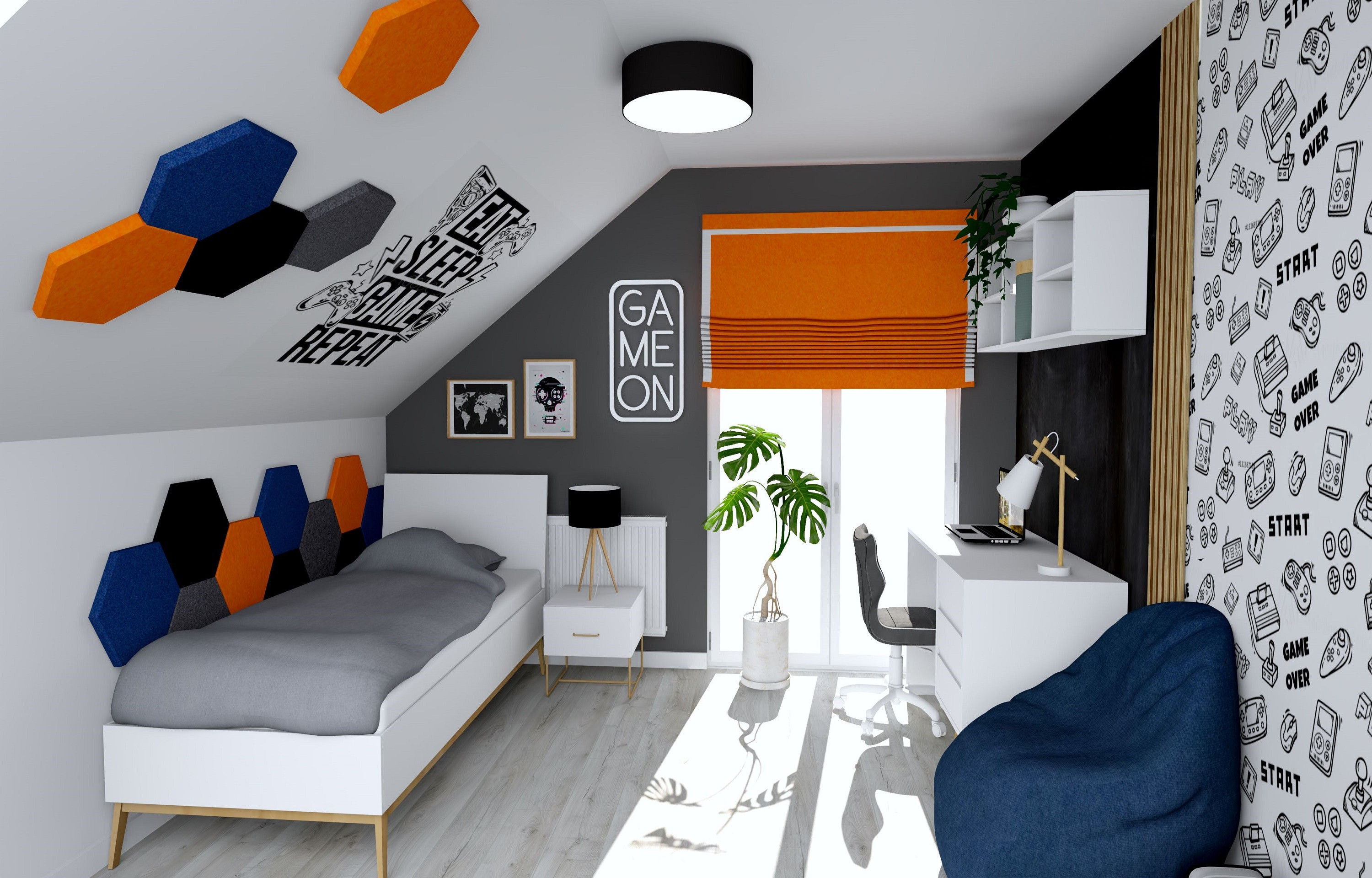 Pomarańczowo-granatowy pokój gamerski - pokój gracza