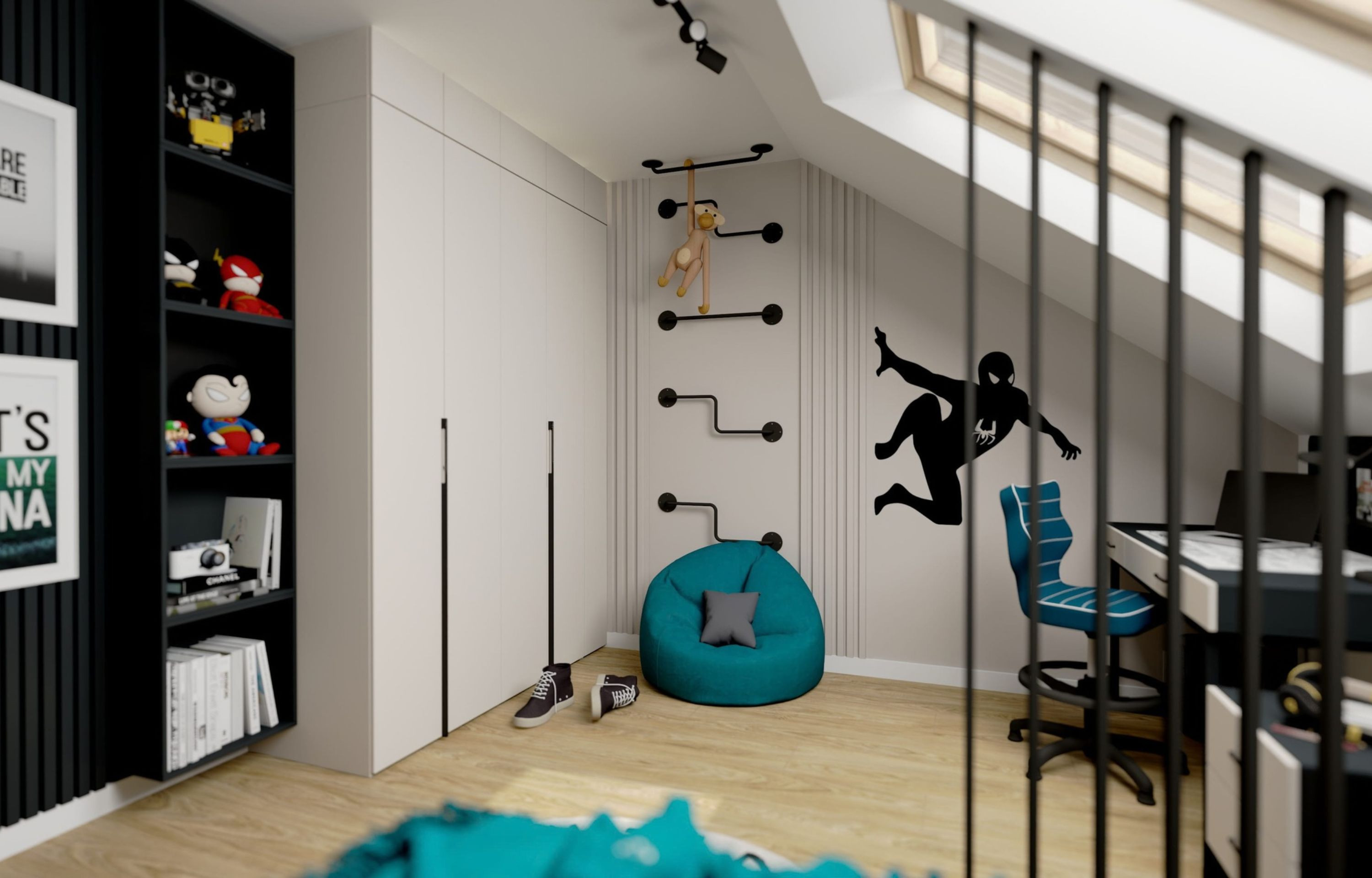 Projekt pokoju dla 9-latka na poddaszu – sportowy klimat i motyw Spider-Mana I INSPIRACJA
