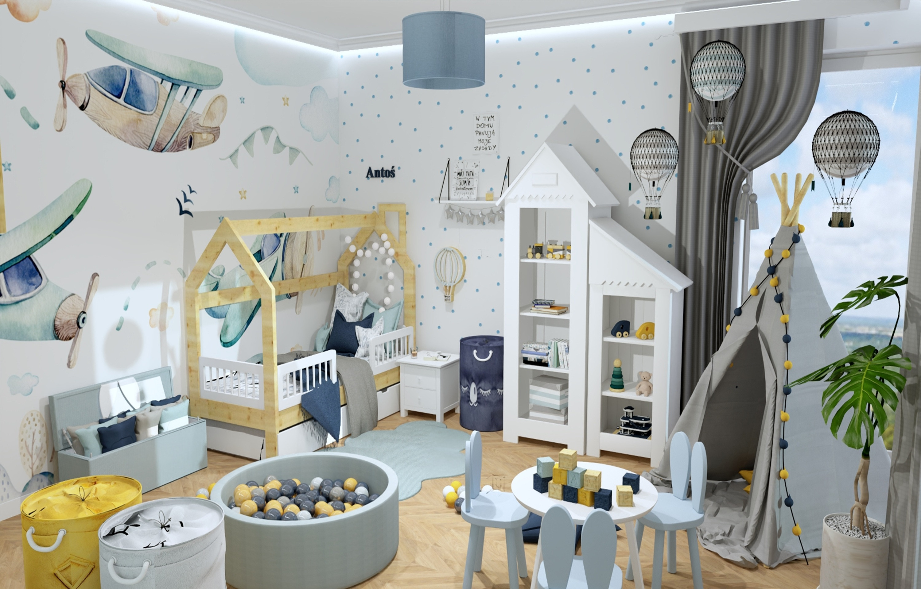 Pokój z tapetą w samoloty dla chłopca - Antek