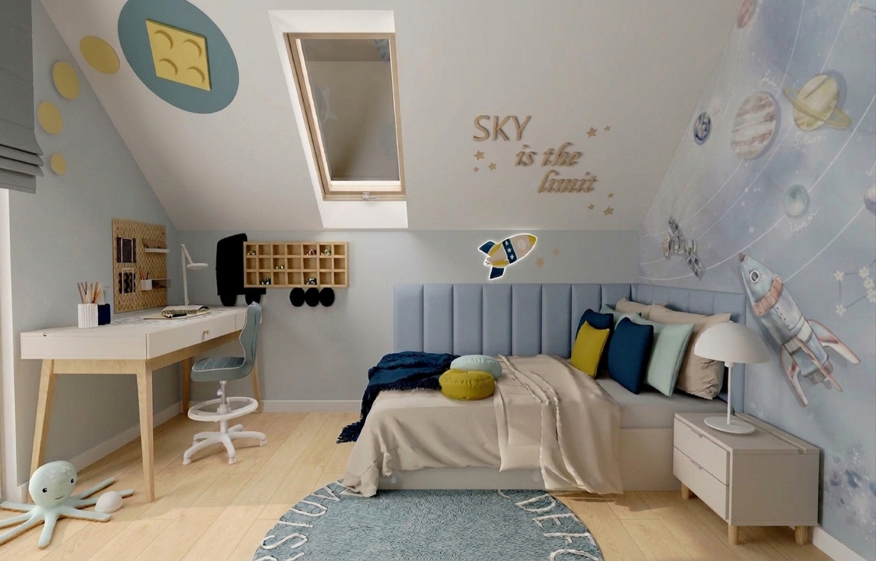Kosmiczny pokój dla chłopca I Projekt pokoju dla 5-latka z biurkiem Vox Creative I Inspiracja