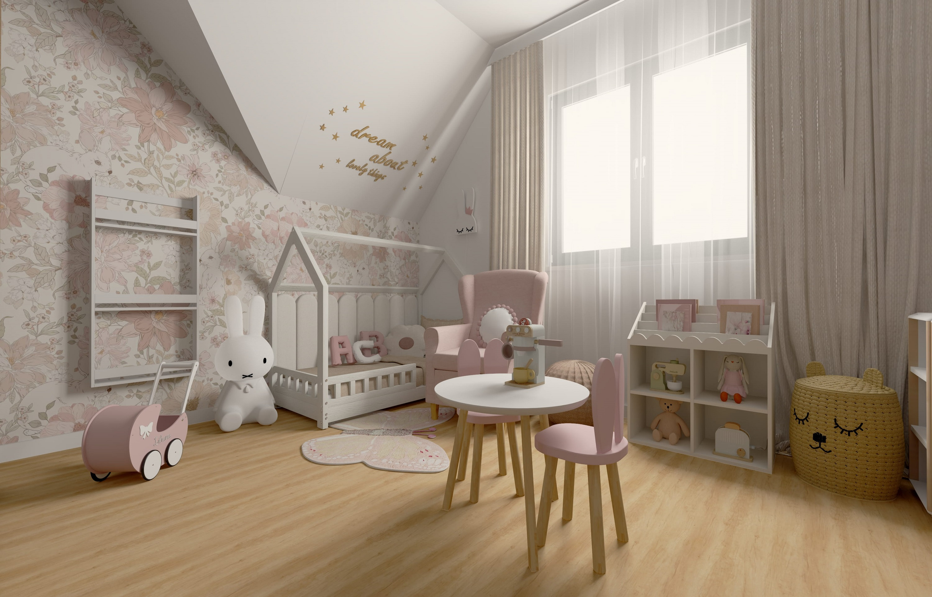Pokój dziecięcy z łóżkiem domek i motywem króliczka | inspiracja