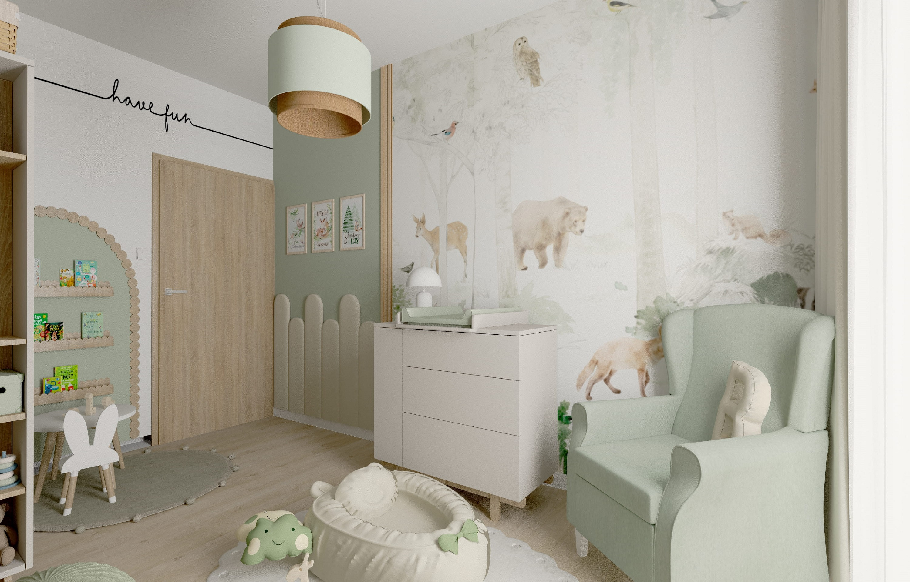 Projekt pokoju dla dziecka z motywem lasu | Łóżeczko Woodluck Basic w pokoju dla niemowlaka I Inspiracja