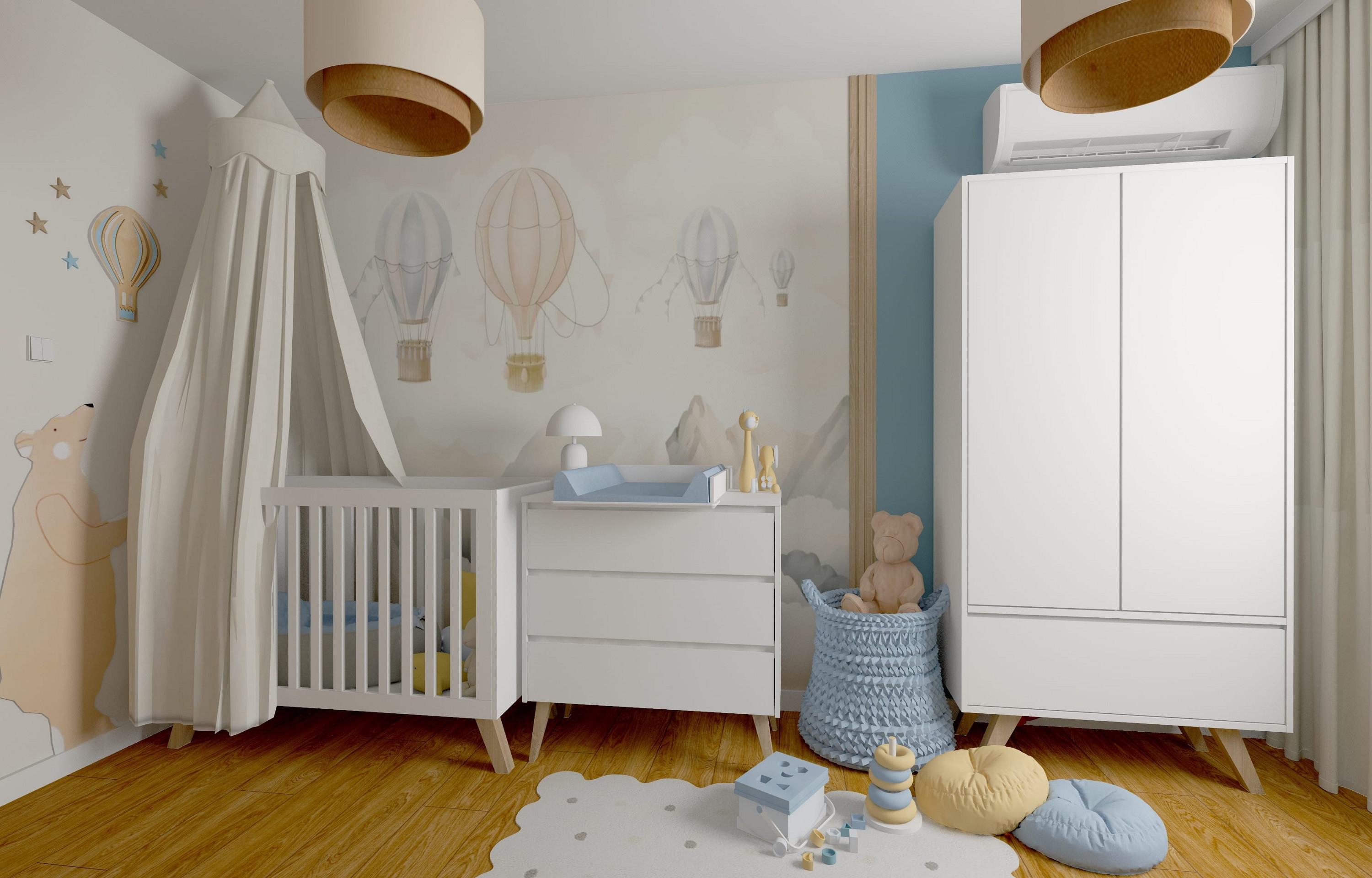 Projekt pokoju dla niemowlaka I Niebieski pokój dla chłopca z balonikami i łóżeczkiem Pinio Swing I Inspiracja