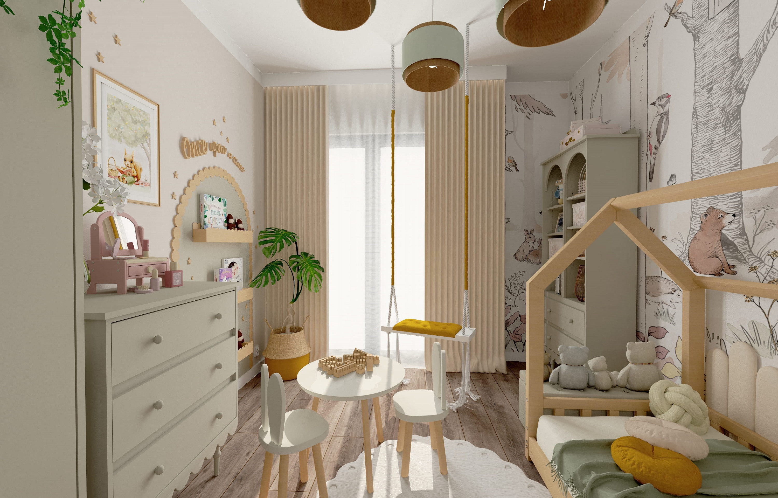 Projekt pokoju dla dziecka w stylu naturalnym I przytulny pokój dziecięcy z huśtawką i motywem leśnych zwierząt I Inspiracja