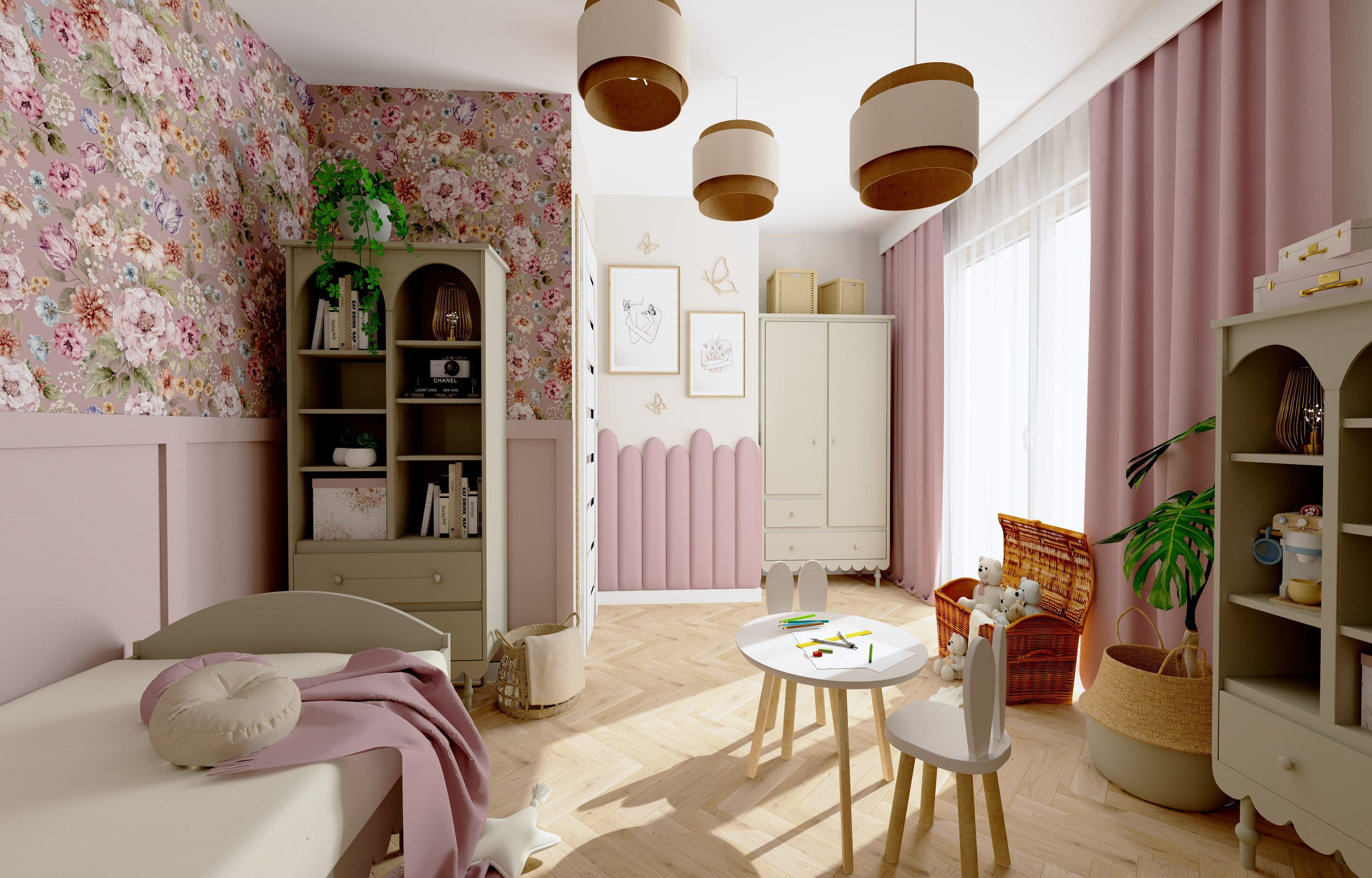 Projekt pokoju dla dziewczynki i styl vintage z tapetą w kwiaty i regałami Babushka Woodluck I Inspiracja