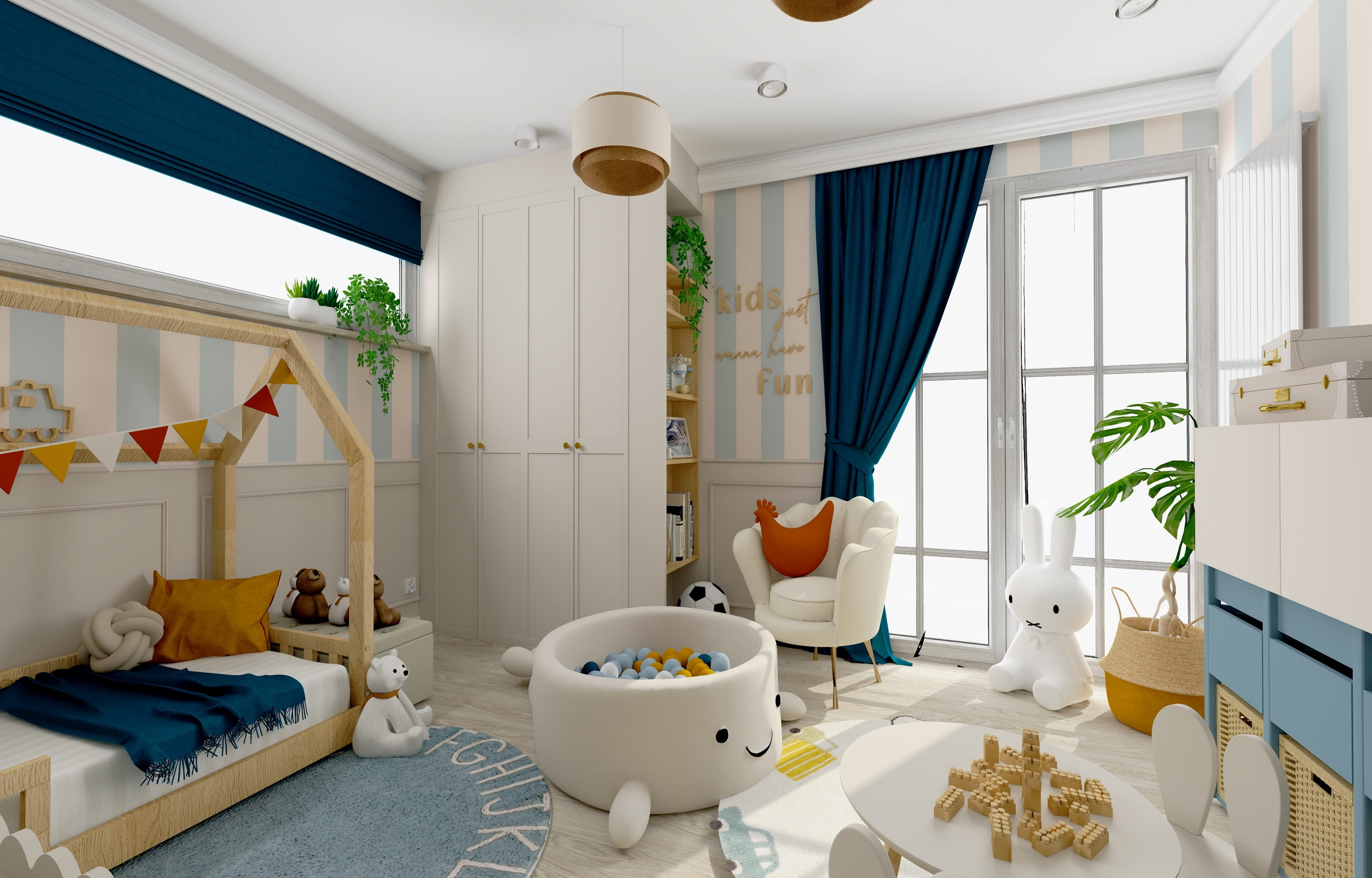 Projekt pokoju dla dziecka I Jasny pokój w stylu vintage z niebieskimi akcentami I Inspiracja