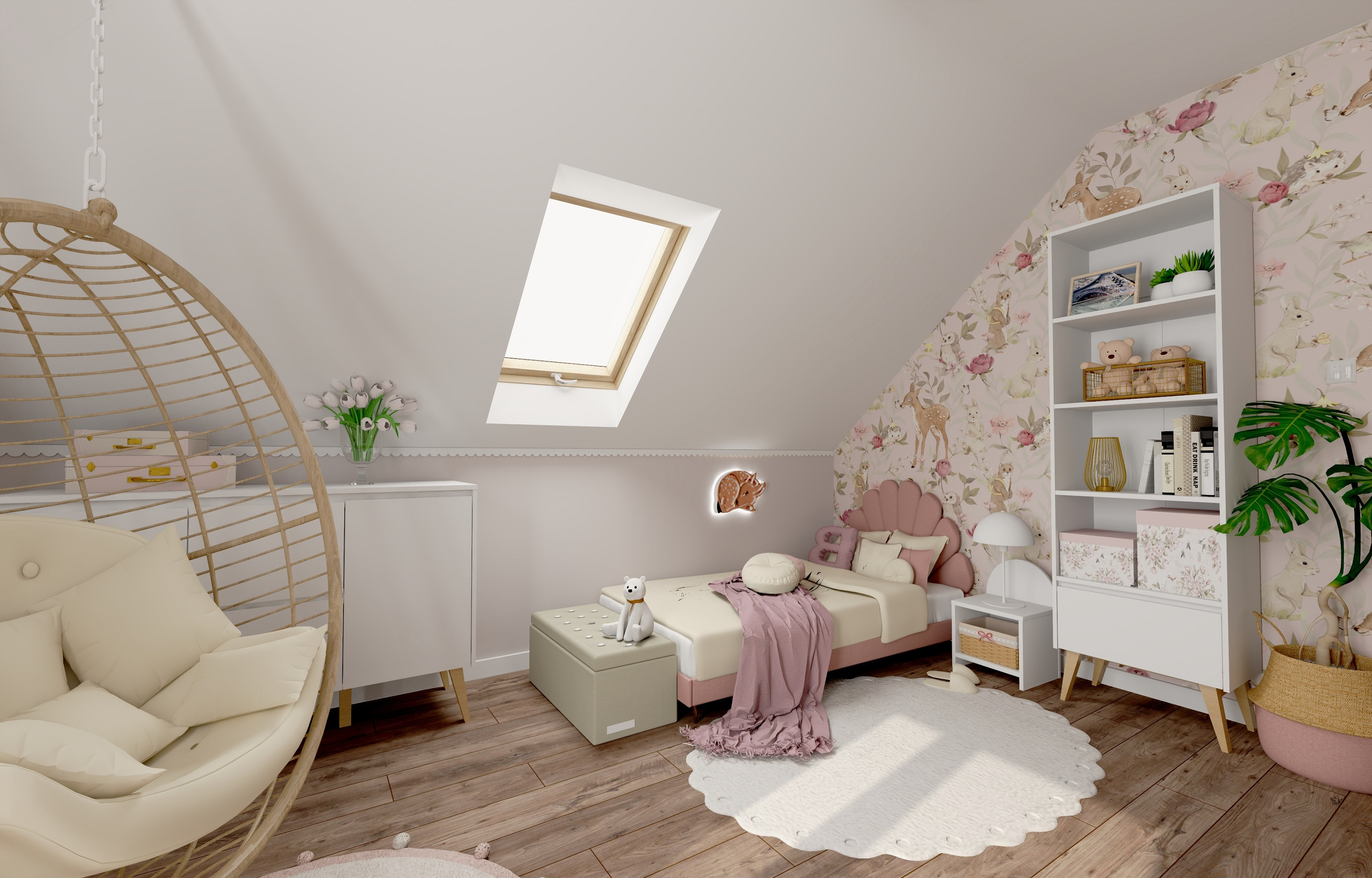 Pokój dla dziewczynki ze skosem I Pastelowy projekt z biurkiem Pinio Swing |Inspiracja