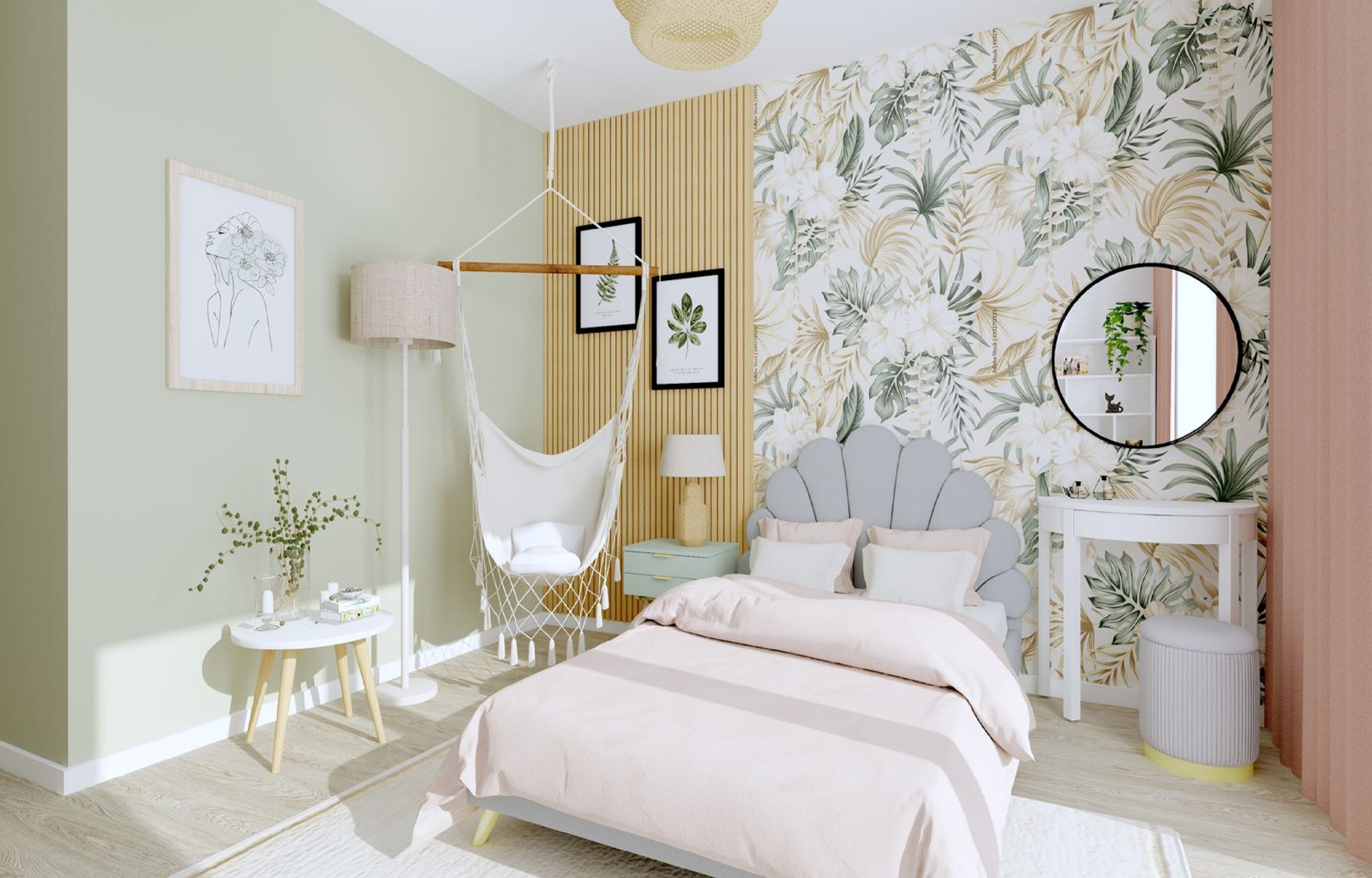 Zielony pokój nastolatki z kwiatami